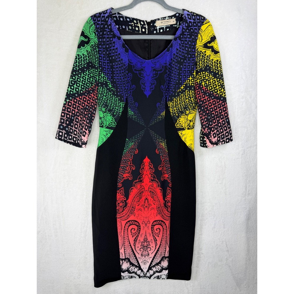 Etro Milano Women Multicolor Rainbow Paisley Print V-Neck Sheath Dress Size 42